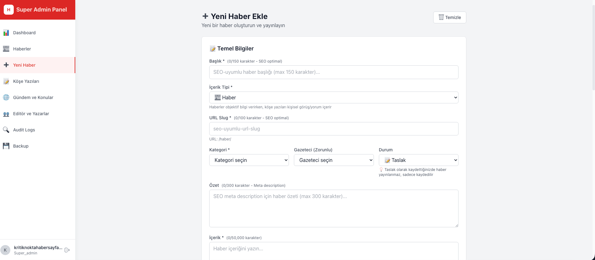 Admin Panel Yeni Haber Ekle